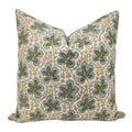 The Longleaf block print pillow cover in olive green and tan, 100% linen