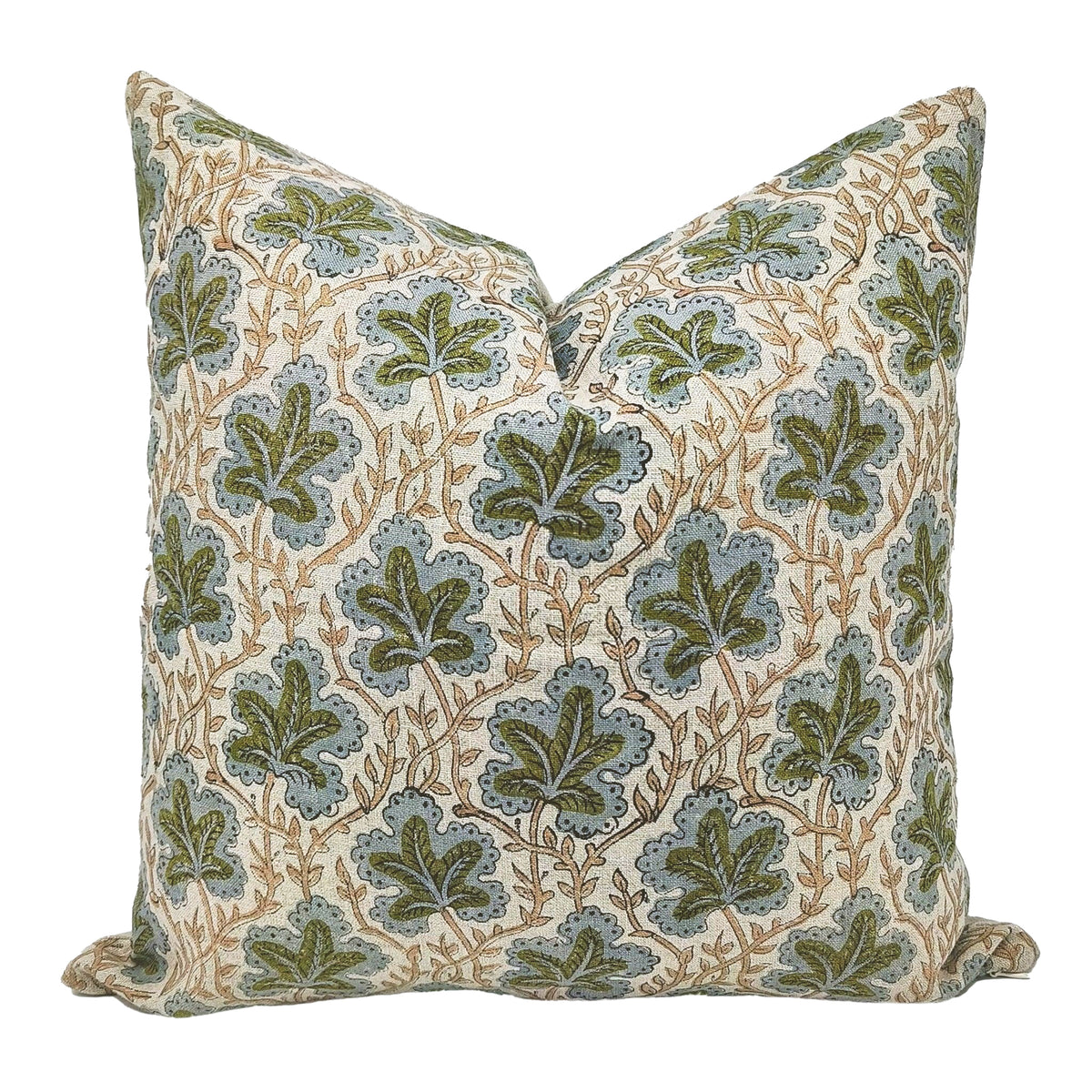 The Longleaf block print pillow cover in olive green and tan, 100% linen