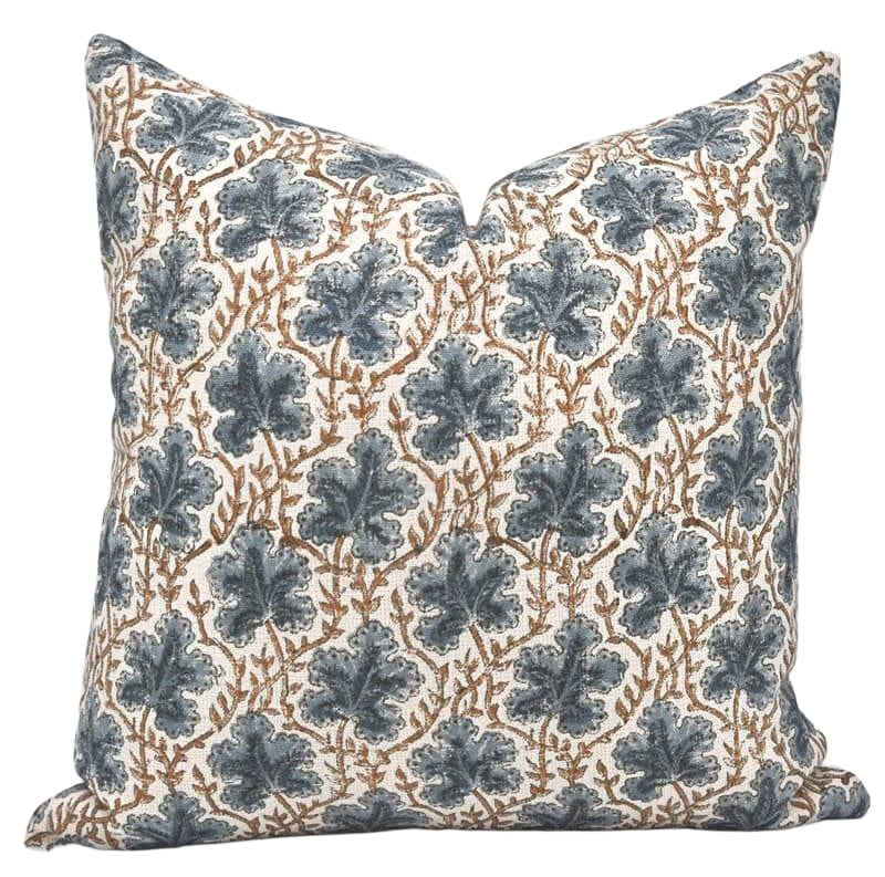The Longleaf block print pillow cover in navy blue and brown on white linen