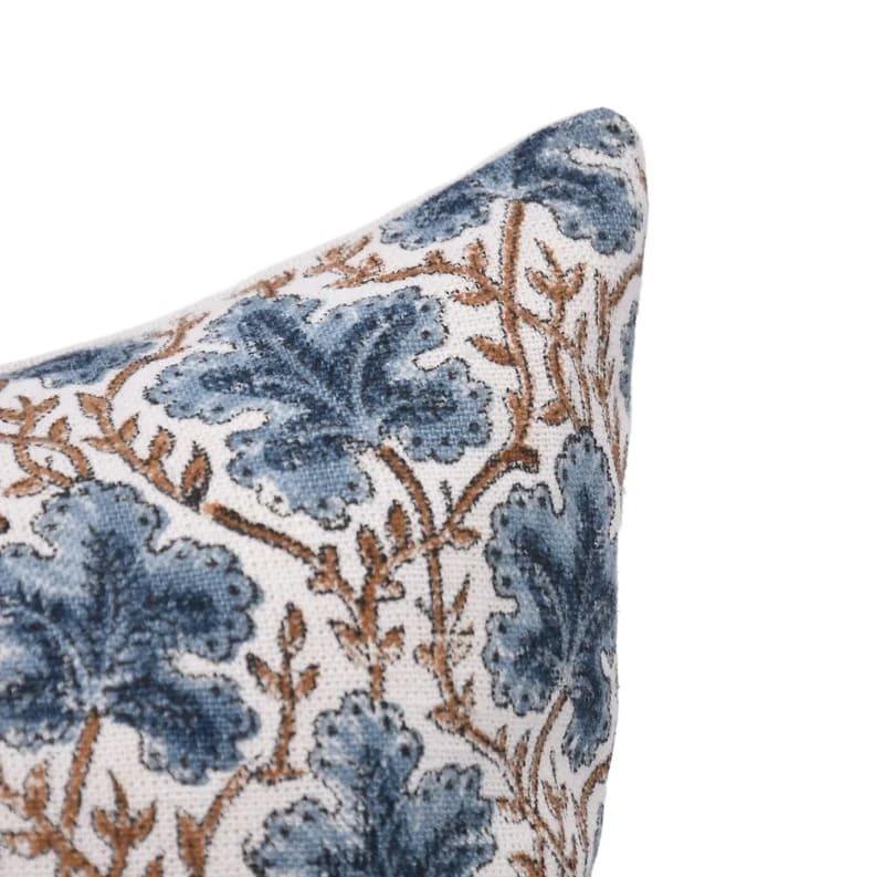 Hand block printed leaf and vine pattern on the navy blue Longleaf linen pillow cover