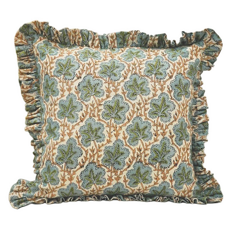 The Longleaf ruffled block print pillow cover in sage, teal and tan, heavyweight linen