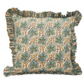 The Longleaf ruffled block print pillow cover in sage, teal and tan, heavyweight linen