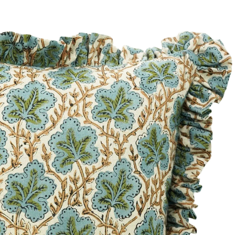 Hand block printed leaf and vine pattern on the Longleaf heavyweight linen ruffled pillow cover
