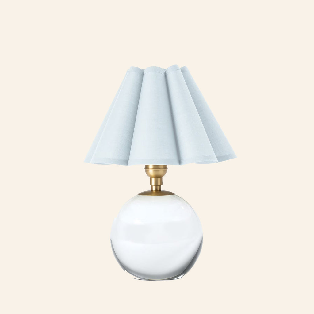 13-inch Louis Crystal Mini Table Lamp with a blue scalloped shade by Kevin Francis Design, hand-polished crystal sphere base and brass hardware.