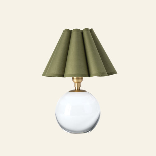 13-inch Louis Crystal Mini Table Lamp with a green scalloped shade by Kevin Francis Design, hand-polished crystal sphere base and brass hardware.