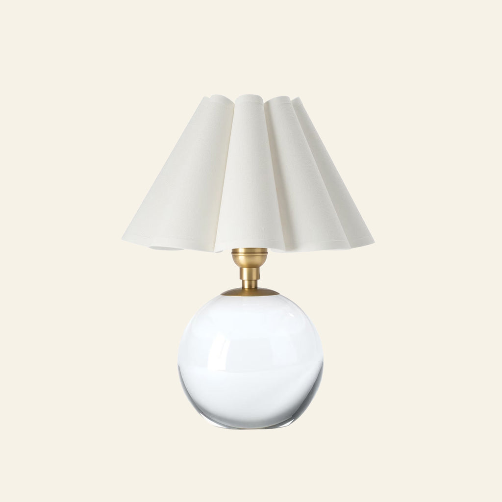 13-inch Louis Crystal Mini Table Lamp with a white scalloped shade by Kevin Francis Design, hand-polished crystal sphere base and brass hardware.