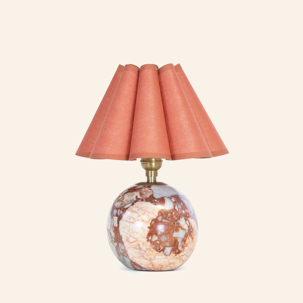 13-inch Louise Red Marble Mini Table Lamp with coral scalloped shade by Kevin Francis Design, veined red marble base and brass hardware.