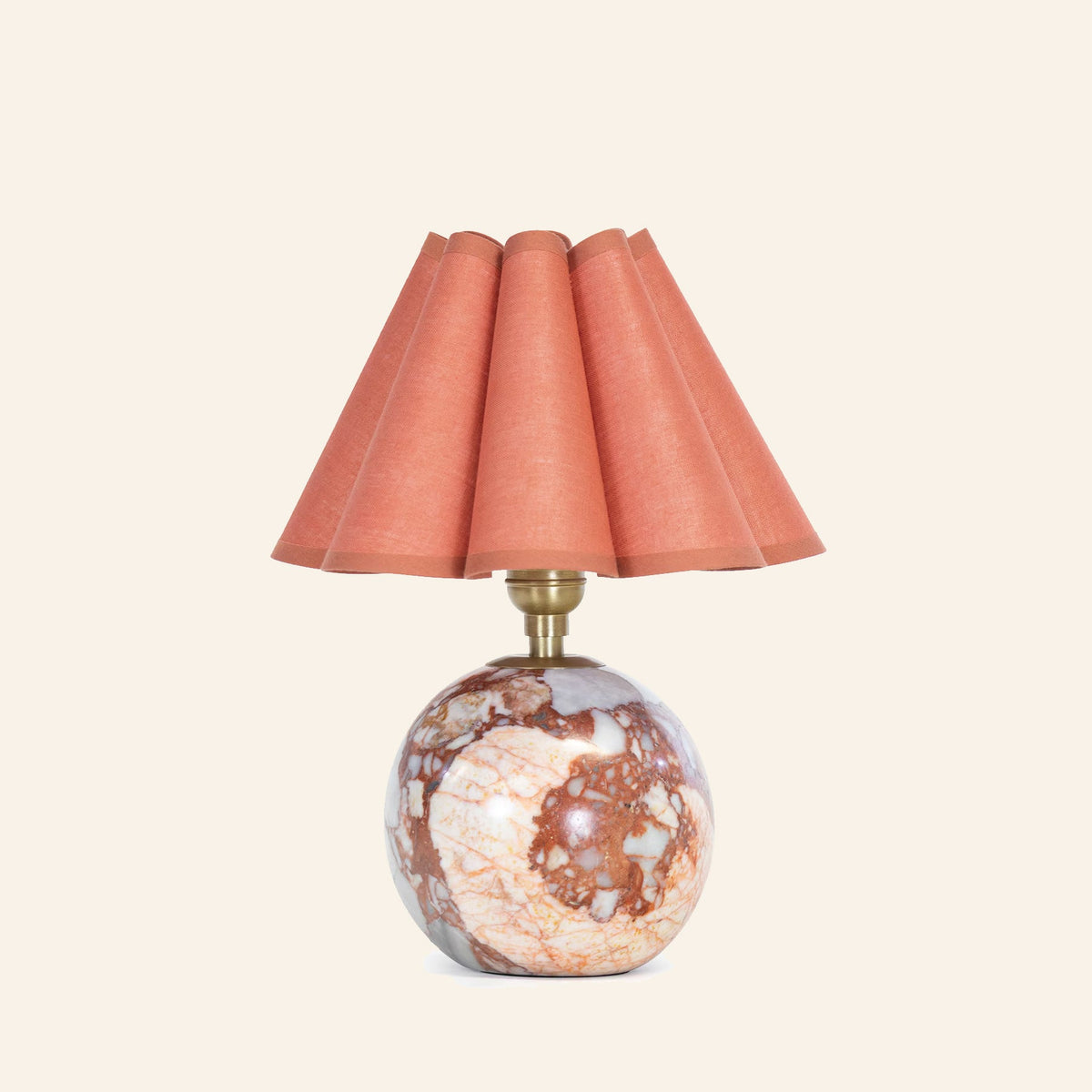 13-inch Louise Red Marble Mini Table Lamp with coral scalloped shade by Kevin Francis Design, veined red marble base and brass hardware.