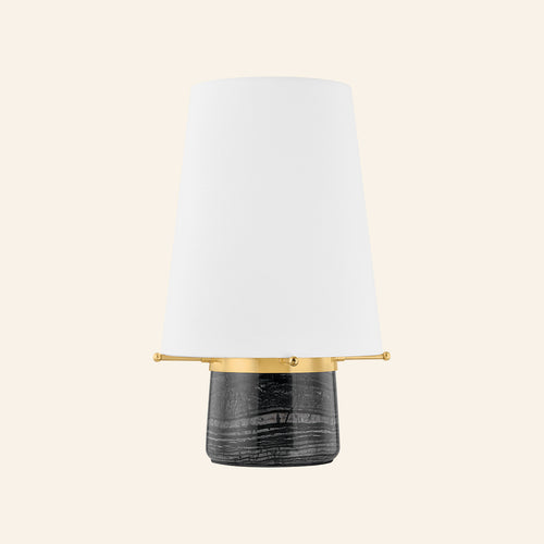 15-inch black marble rechargeable table lamp by Kevin Francis Design featuring a sleek modern design and a built-in light source.