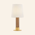 14-inch Michael Oak and Brass Cordless Table Lamp by Kevin Francis Design showing a modern wooden and brass design with a sleek cordless base.