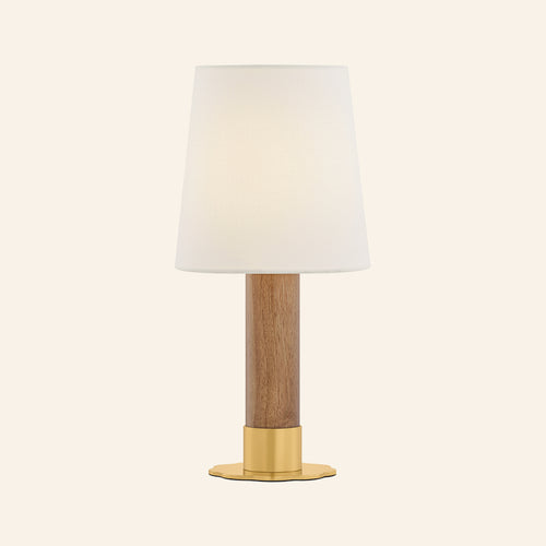 14-inch Michael Oak and Brass Cordless Table Lamp by Kevin Francis Design showing a modern wooden and brass design with a sleek cordless base.