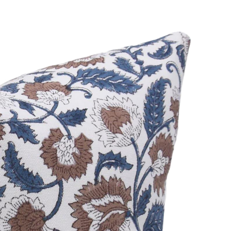 Hand block printed two-tone floral pattern on the Paces cotton canvas pillow cover