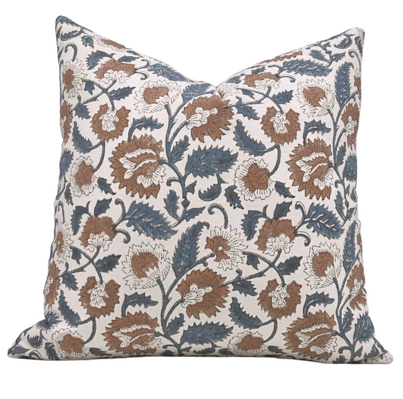The Paces block print pillow cover in brown, slate blue and white, cotton canvas