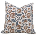 The Paces block print pillow cover in brown, slate blue and white, cotton canvas