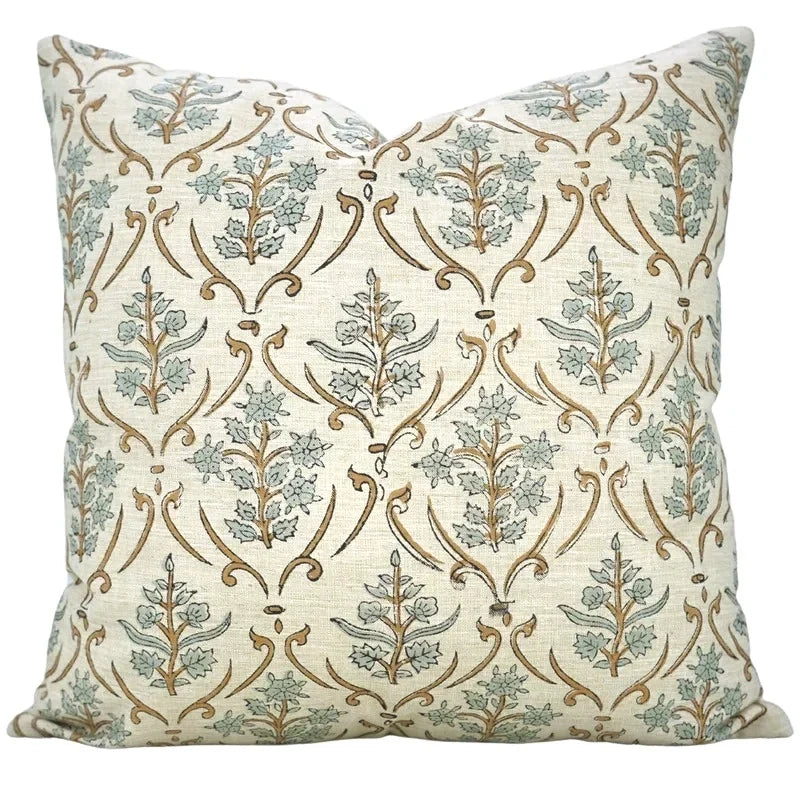 The Pharr block print pillow cover in blue and tan, linen blend