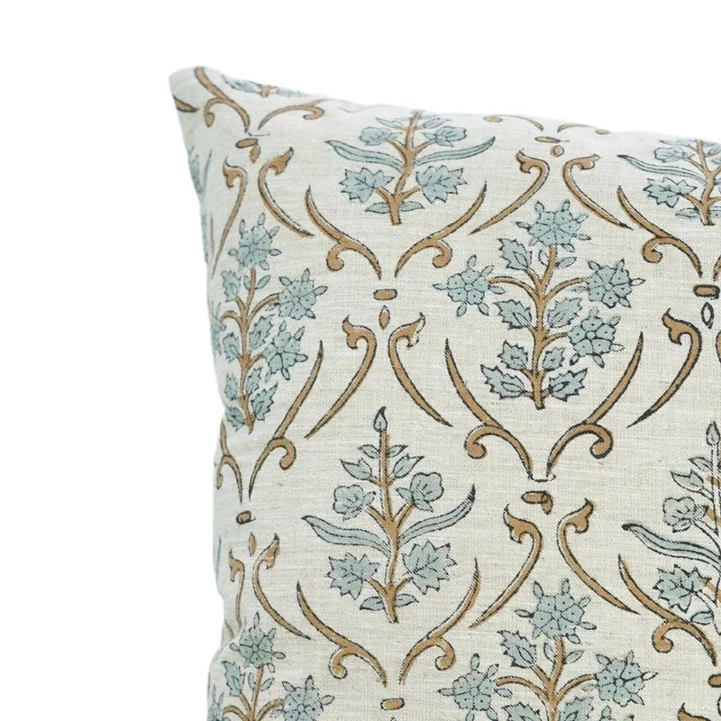 Hand block printed ogee floral pattern on the Pharr linen blend pillow cover