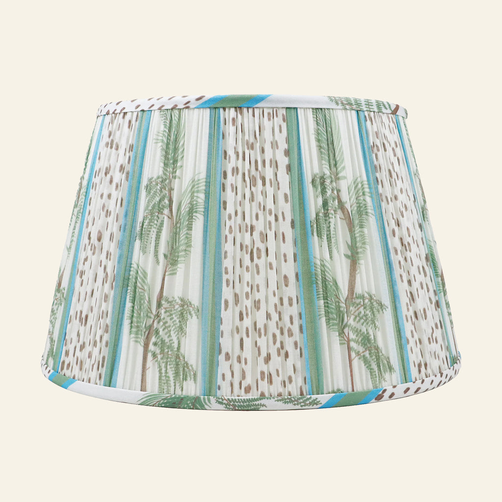 Blue and green printed pleated lamp shade by Kevin Francis Design with a stylish, textured fabric design.