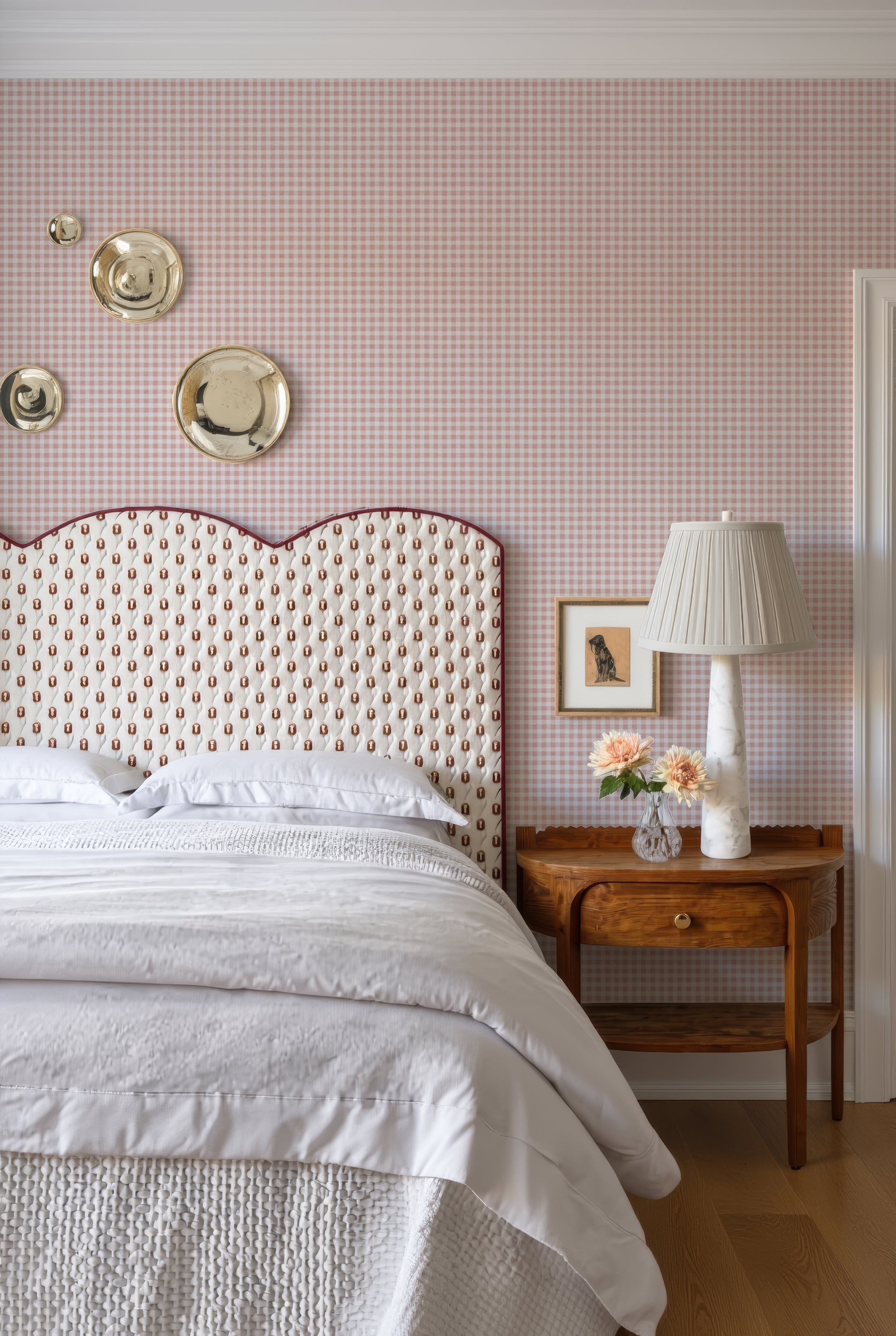 Austen Gingham Small Check Wallpaper – Powder Pink by Kevin Francis Design | Luxury Area Rugs & Home Decor