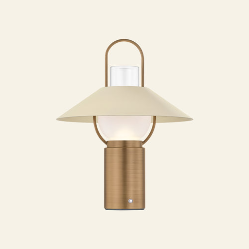 Vintage-style 14-inch Ralph Rechargeable Brass Lantern Table Lamp by Kevin Francis Design, featuring a classic lantern shape and warm lighting.