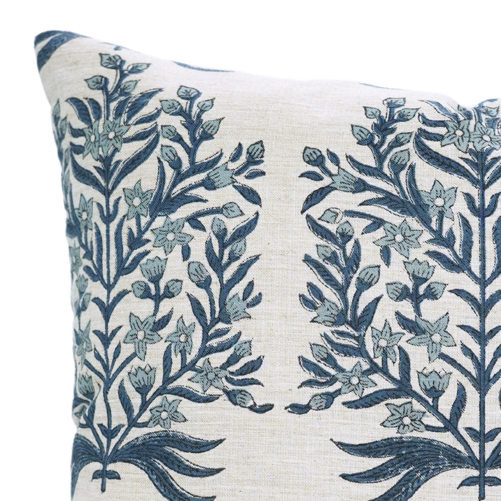 Hand block printed cypress and flower pattern on the Randall linen blend pillow cover