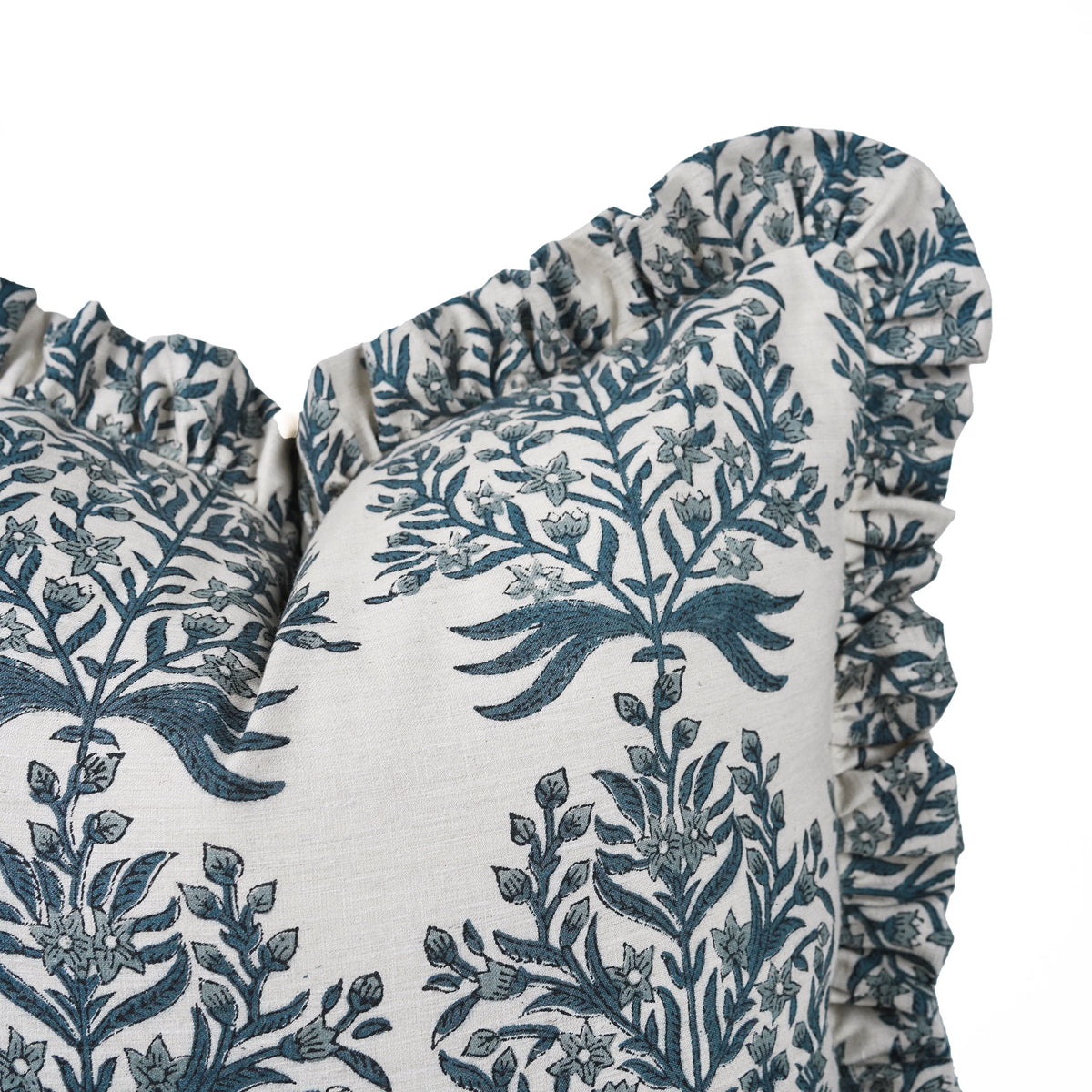 Hand block printed cypress and flower pattern on the Randall linen blend ruffled pillow cover