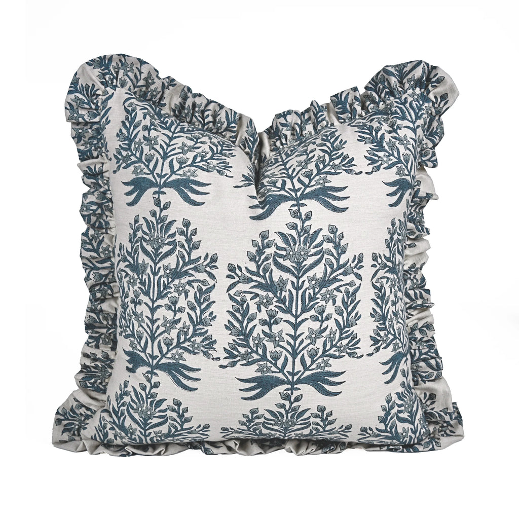 The Randall ruffled block print pillow cover in slate blue and ivory, linen blend