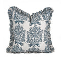 The Randall ruffled block print pillow cover in slate blue and ivory, linen blend