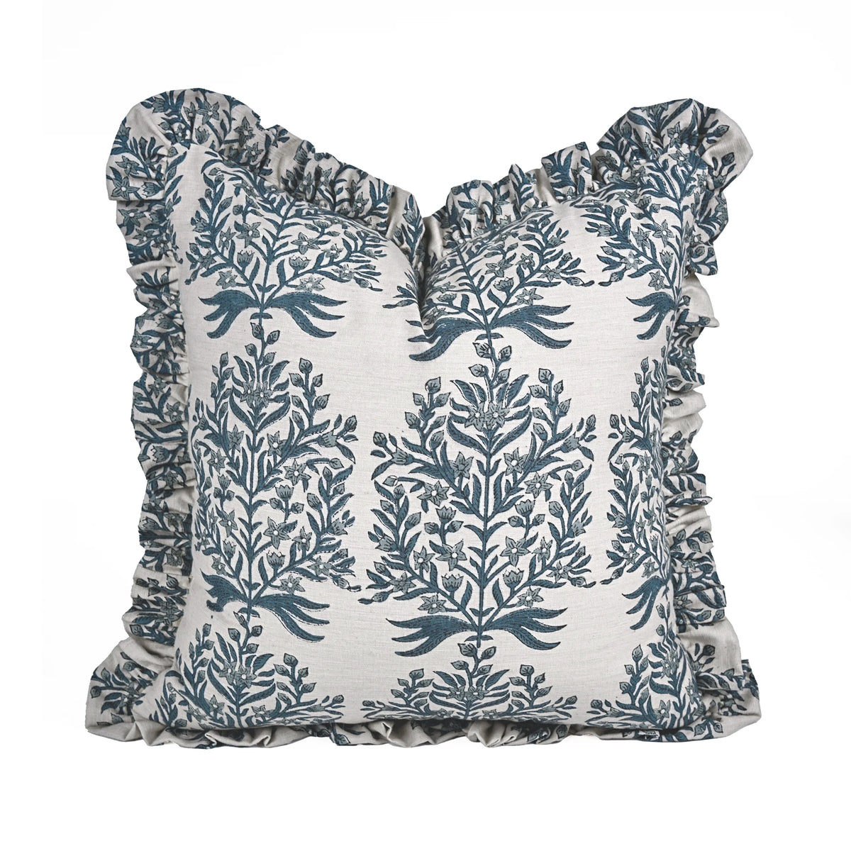 The Randall ruffled block print pillow cover in slate blue and ivory, linen blend