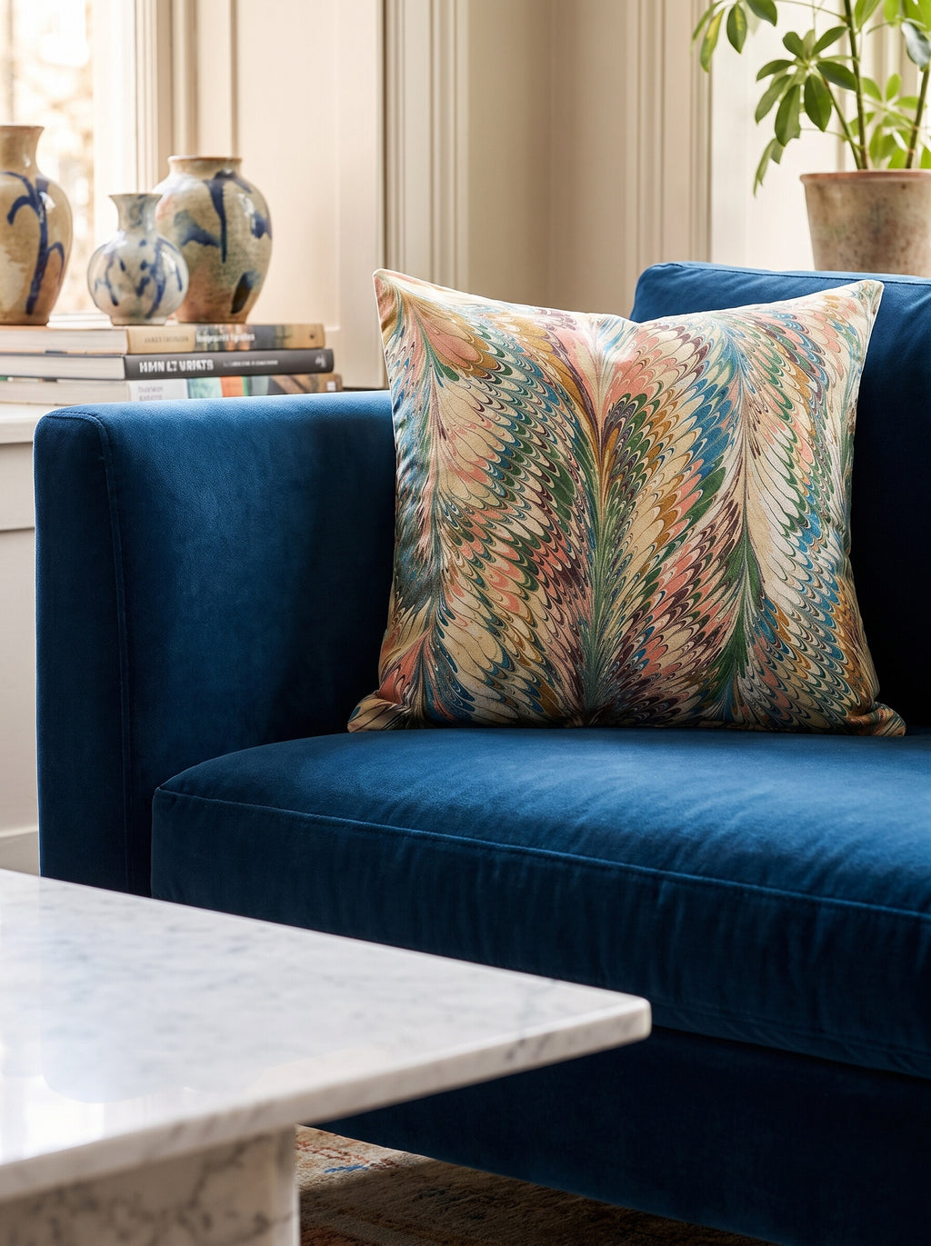 The Ridgedale hand-marbled pillow cover styled on a sapphire blue velvet sofa