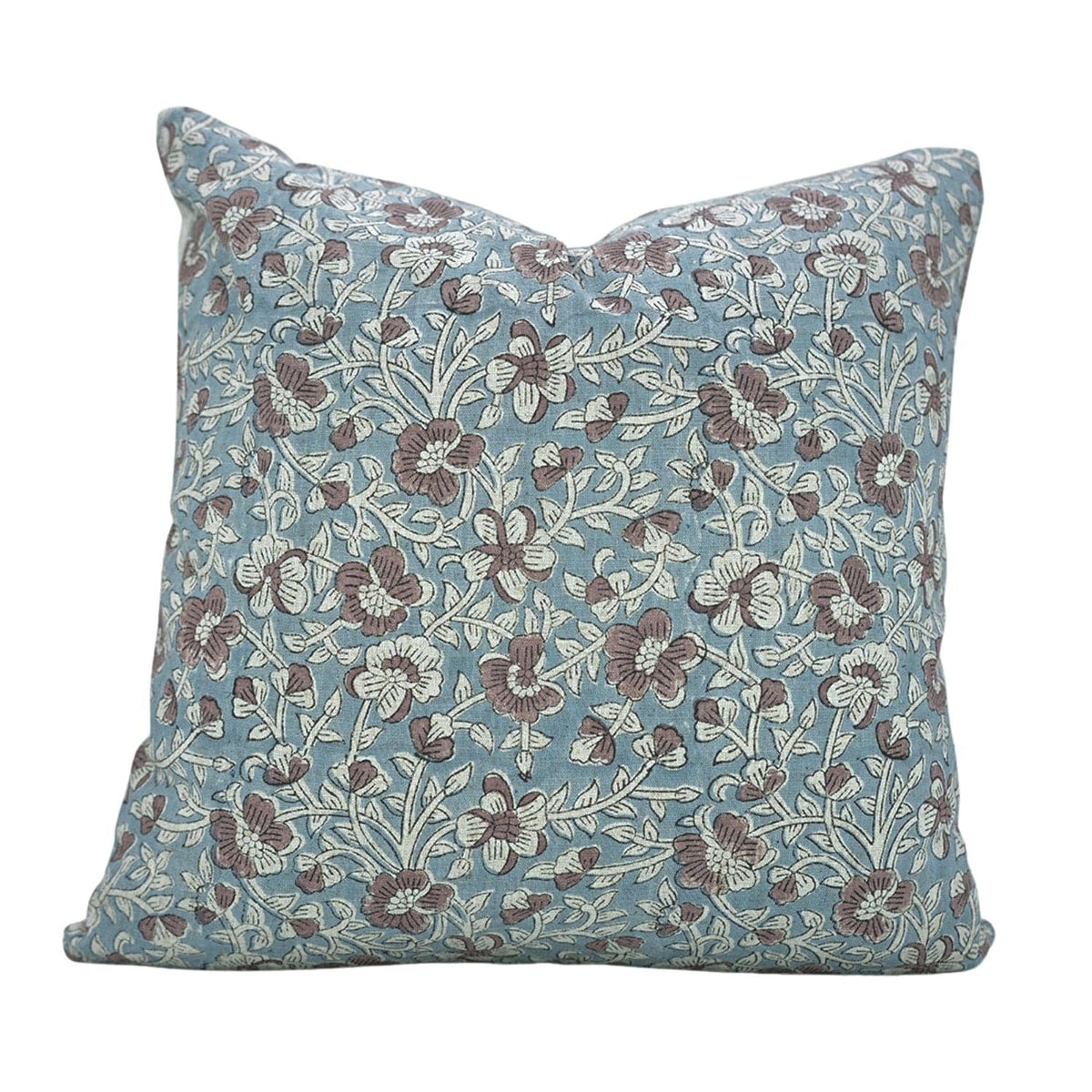 The Rilman block print pillow cover in light blue, brown and gray, linen blend