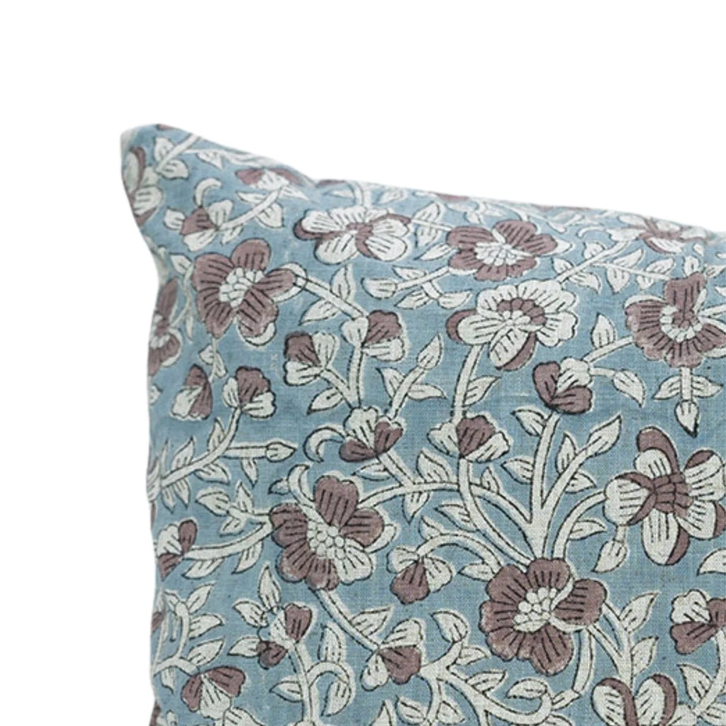 Hand block printed pastel floral pattern on the Rilman linen blend pillow cover