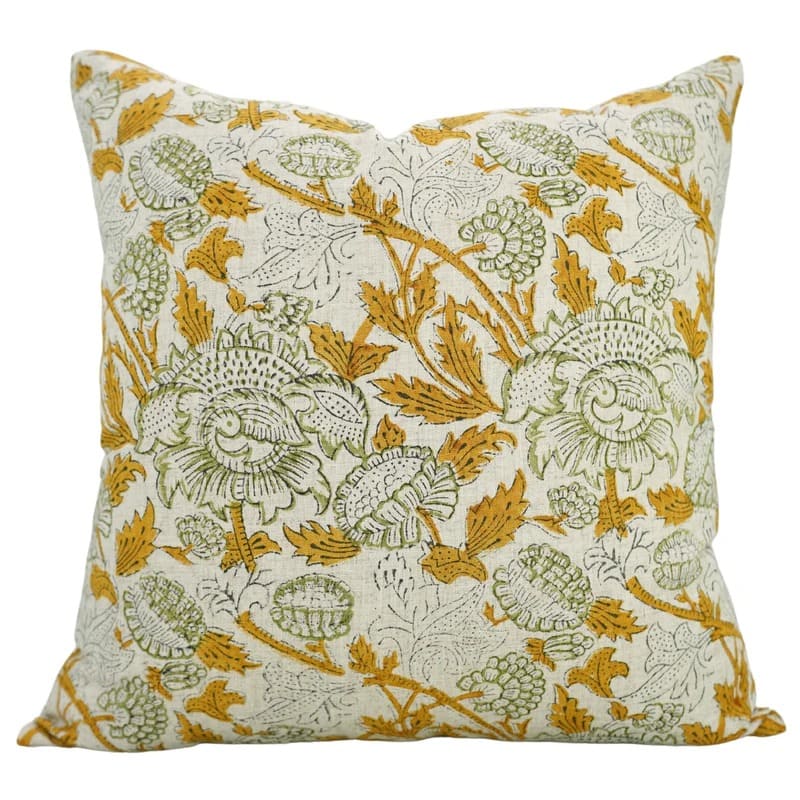 The Rumson block print pillow cover in mustard and sage, linen blend