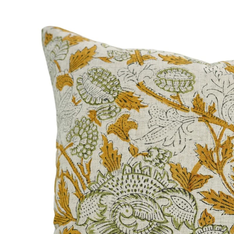 Hand block printed star flower pattern on the Rumson linen blend pillow cover