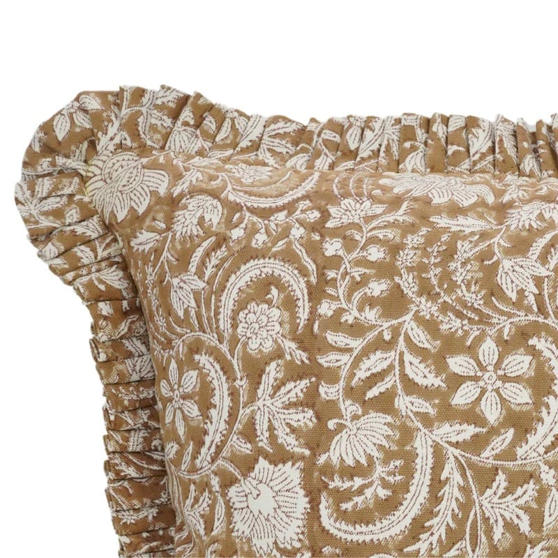 Hand block printed branching floral pattern on the Stovall cotton canvas ruffled pillow cover