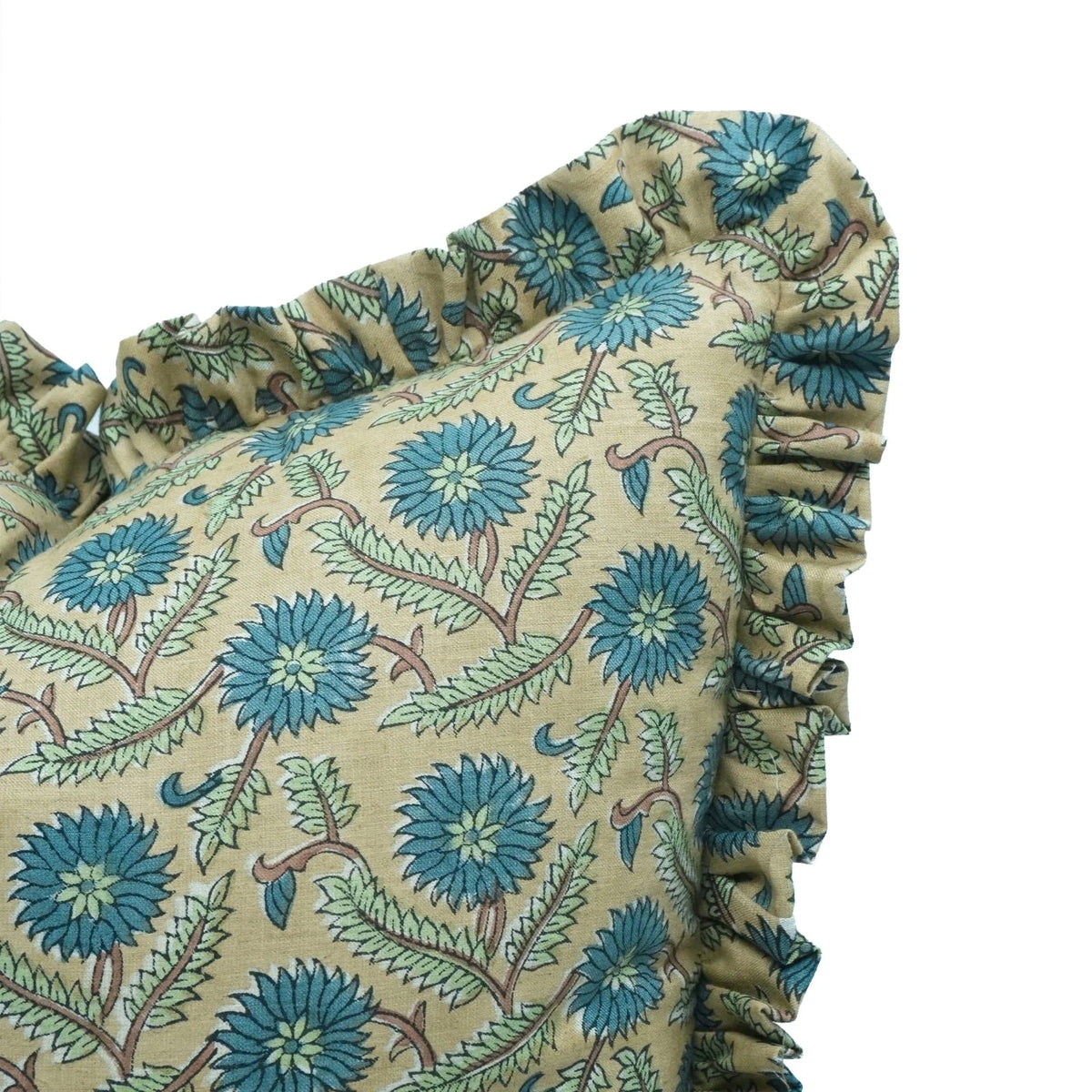 Hand block printed dahlia pattern on the Waverly linen blend ruffled pillow cover