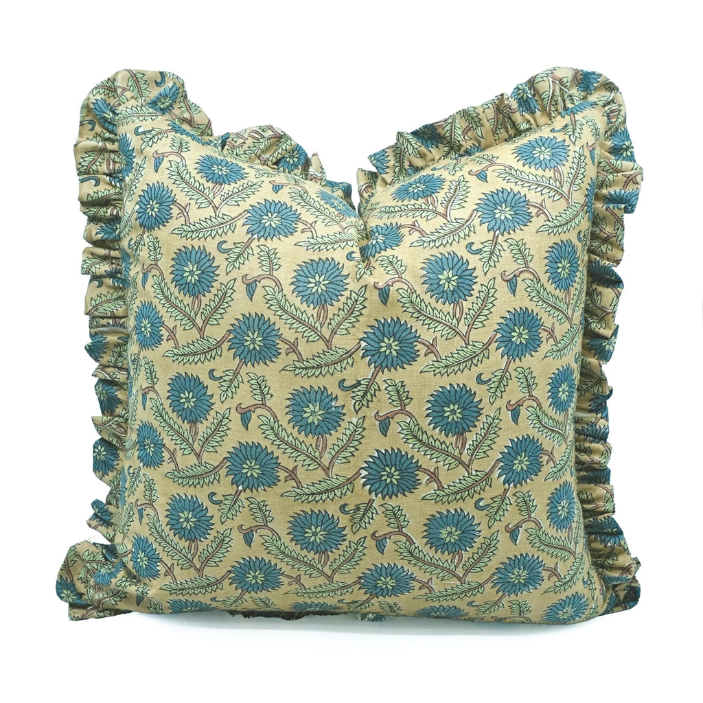 The Waverly ruffled block print pillow cover in teal, blue and sage, linen blend