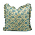 The Waverly ruffled block print pillow cover in teal, blue and sage, linen blend