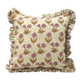 The Wesley ruffled block print pillow cover in pink, mustard and cream, heavyweight linen