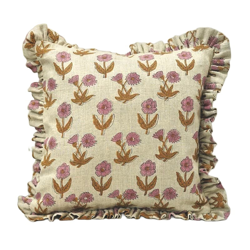The Wesley ruffled block print pillow cover in pink, mustard and cream, heavyweight linen