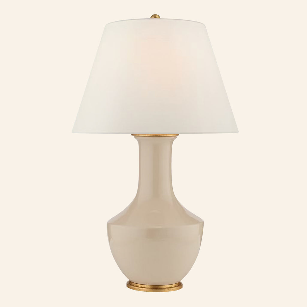 32-inch Whitaker rechargeable table lamp with a cream glazed ceramic vase base, brass foot and white linen empire shade, by Kevin Francis Design
