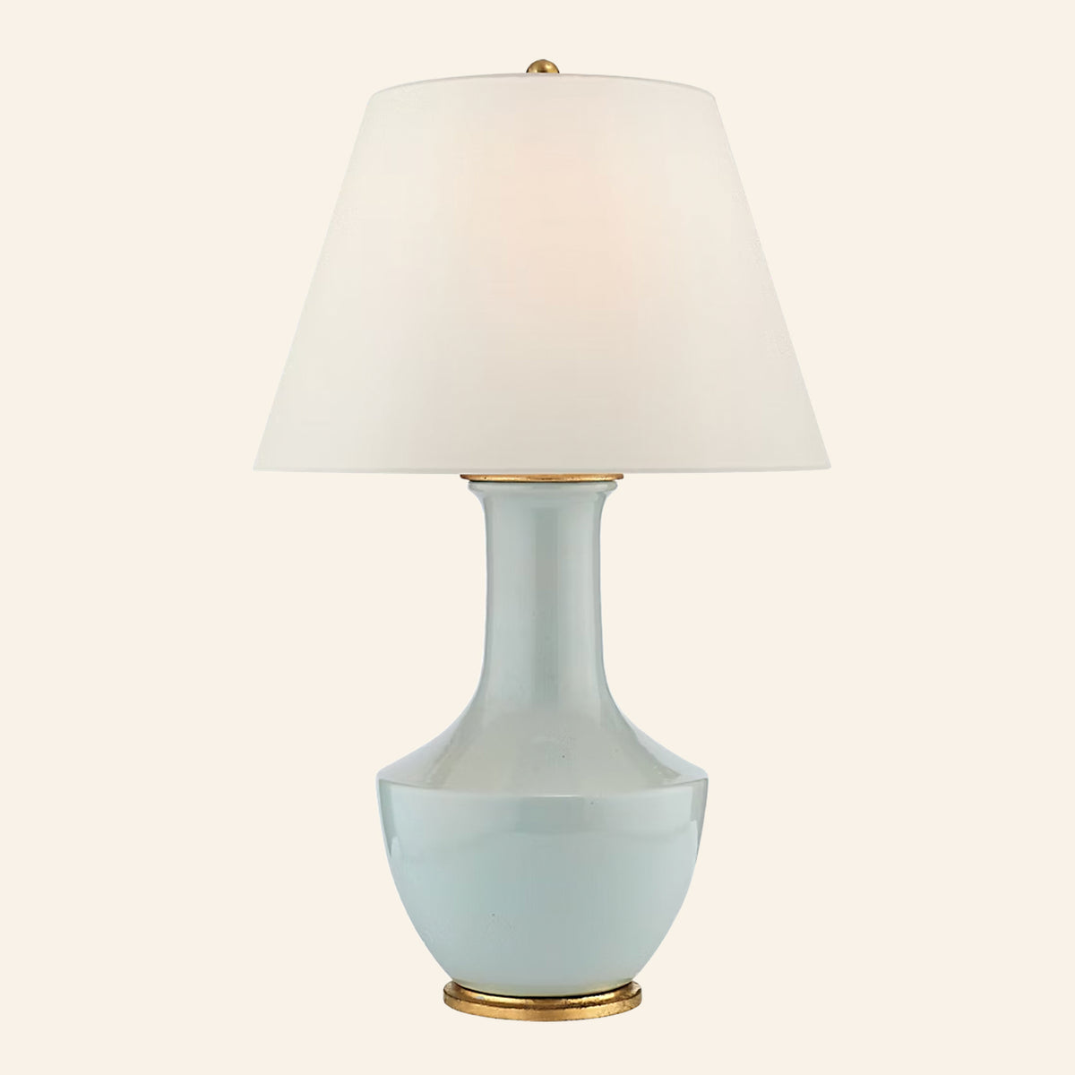 32-inch Whitaker rechargeable table lamp with a pale ice blue glazed ceramic vase base, brass foot and white linen empire shade, by Kevin Francis Design