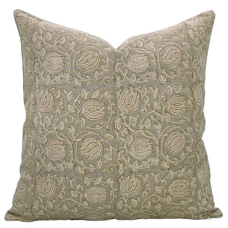 The Wildwood block print pillow cover in taupe and tan, 100% linen