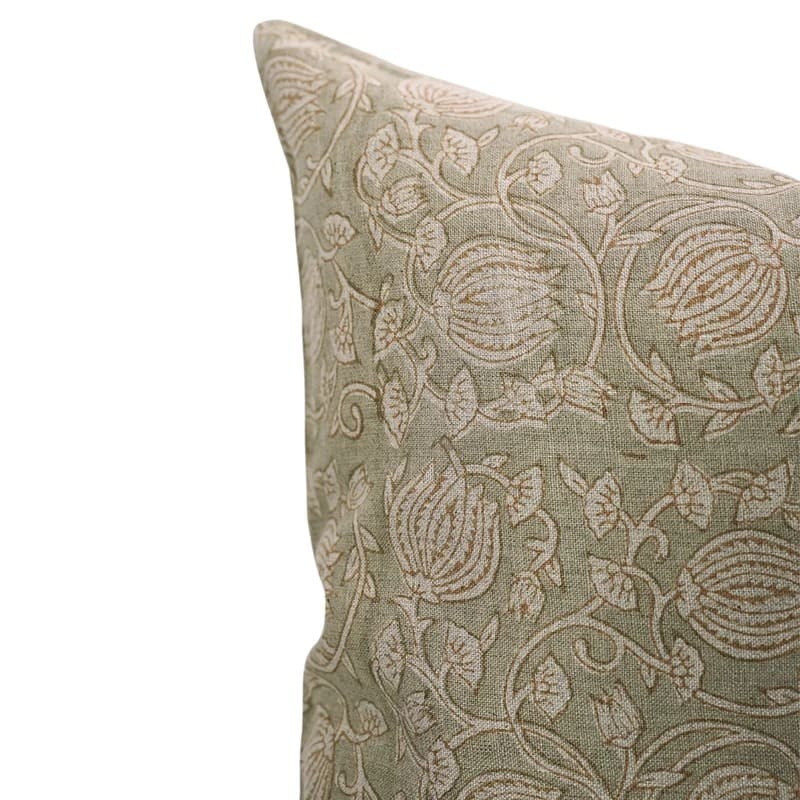 Hand block printed lotus pattern on the Wildwood 100% linen pillow cover