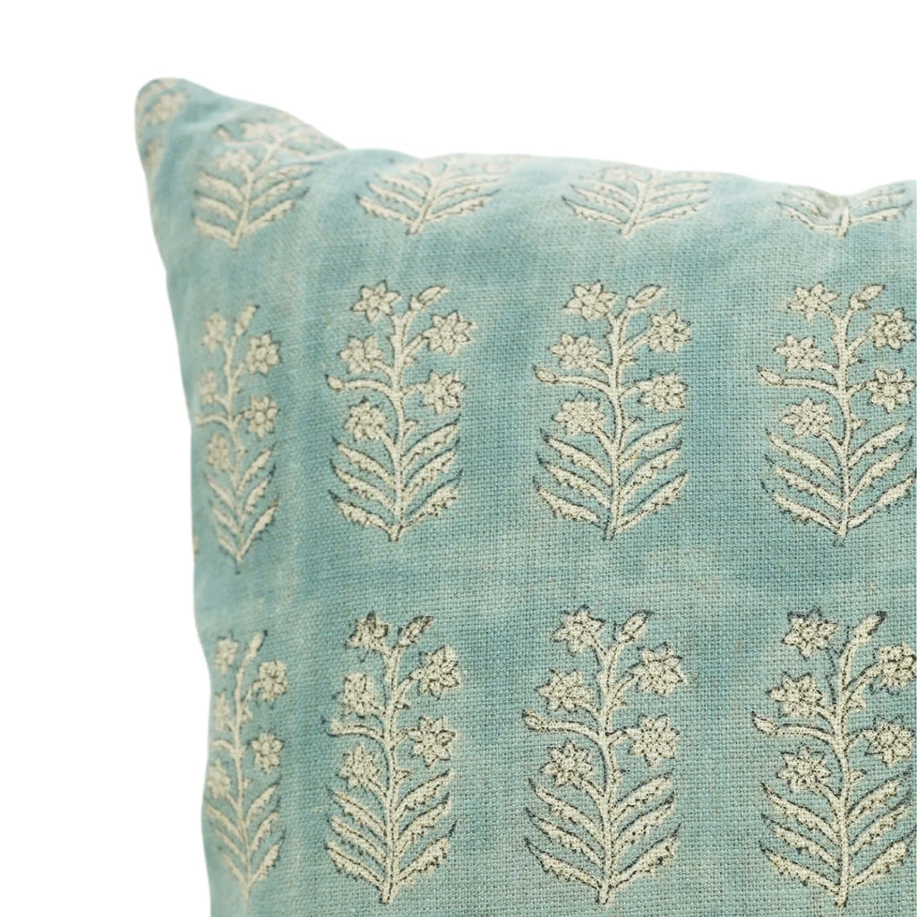 Hand block printed delicate sprig pattern on the Woodward 100% linen pillow cover