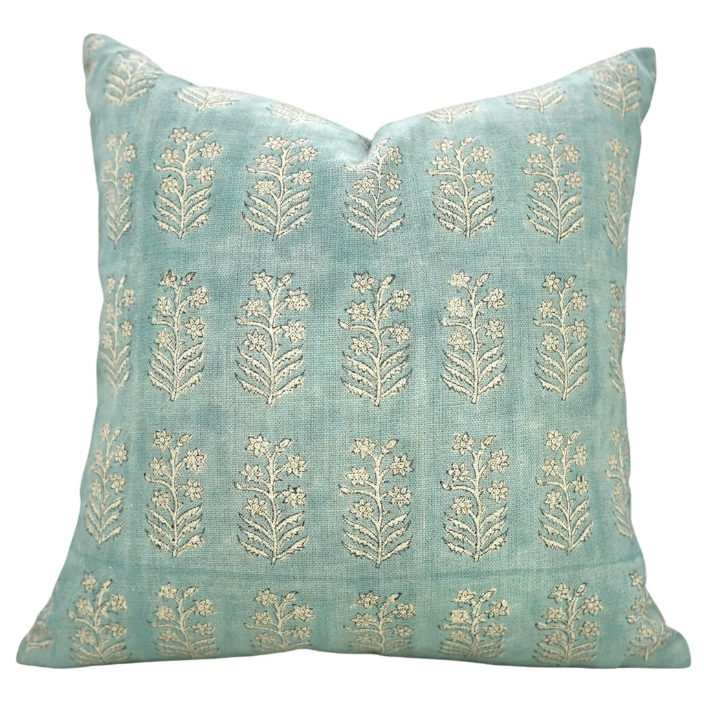 The Woodward block print pillow cover in aqua and beige, 100% linen