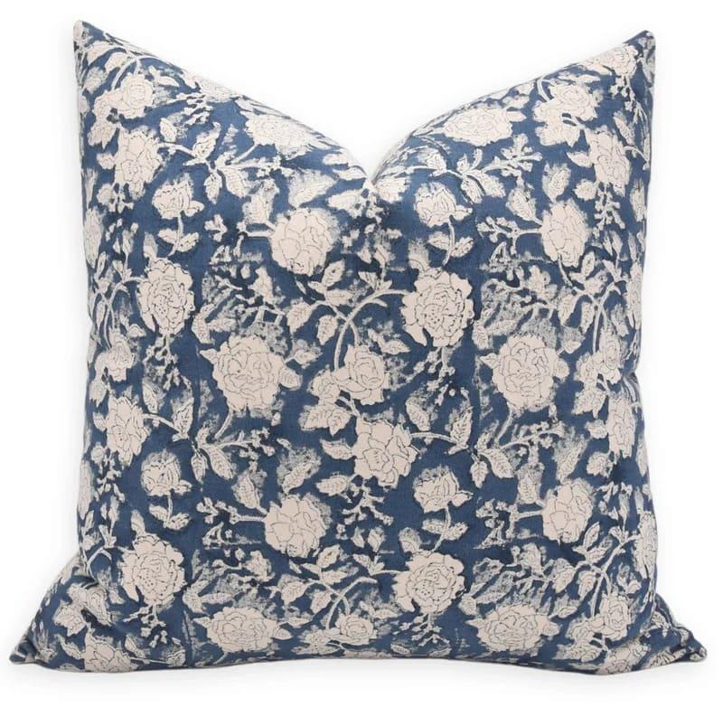 The Wycliff block print pillow cover in navy and cream, cotton canvas