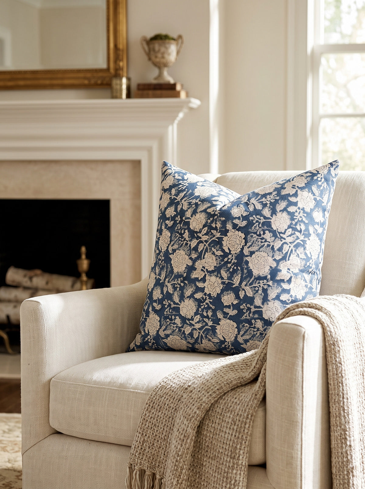 The Wycliff block print pillow cover in navy and cream styled on a linen armchair by the fireplace
