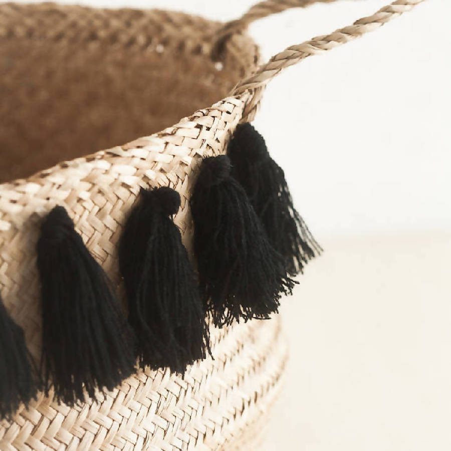 Handwoven Black Tasseled Belly Baskets