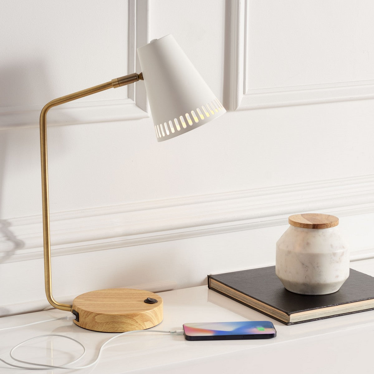 Veda White Task Lamp With Wood Base by Kevin Francis Design | Luxury Home Decor